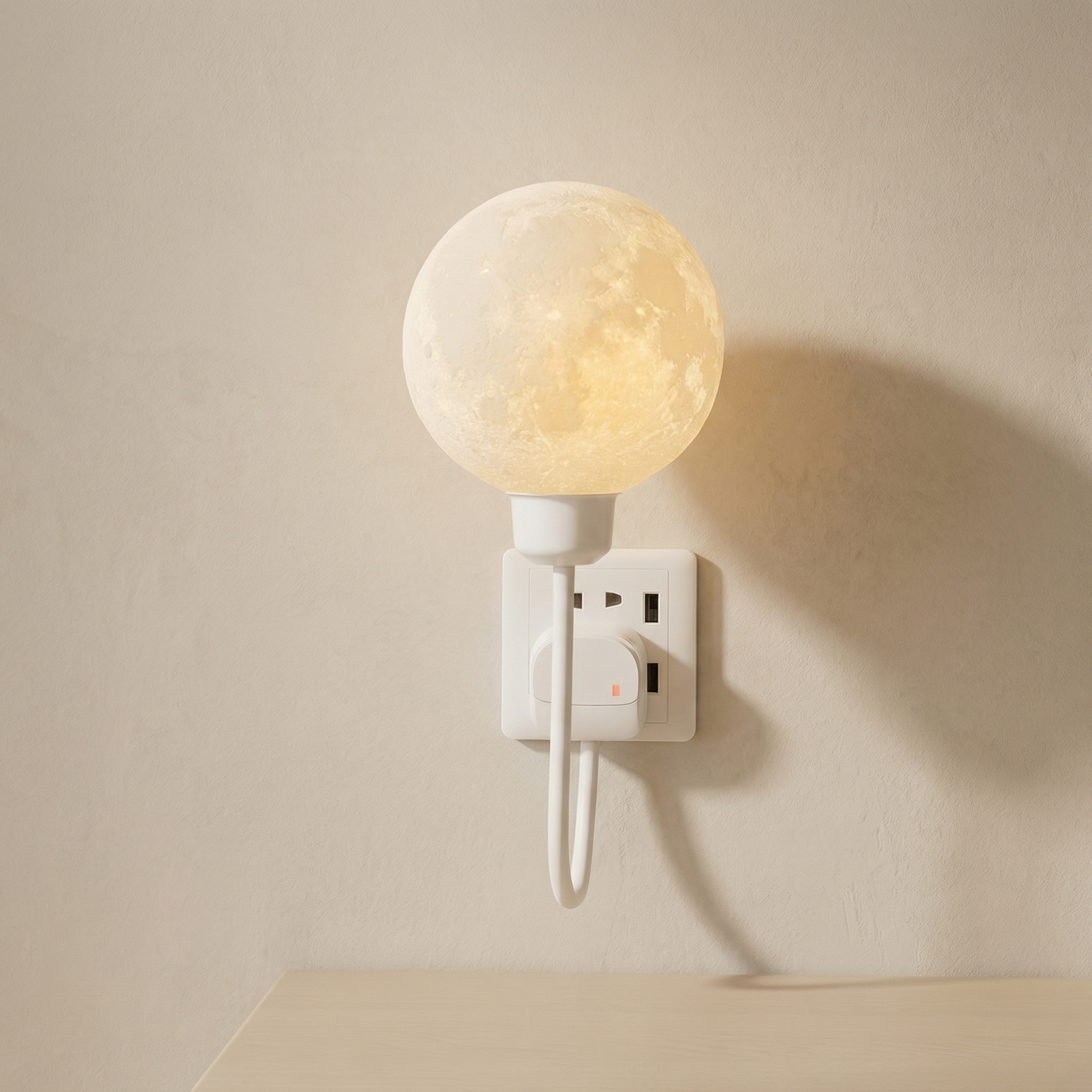 Moon-shaped night light attached to a wall socket on a beige wall.