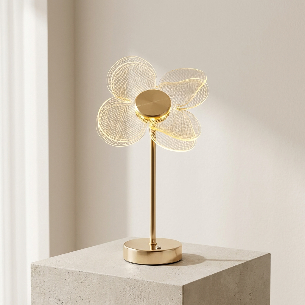 Decorative table lamp with a flower-shaped design on a neutral background