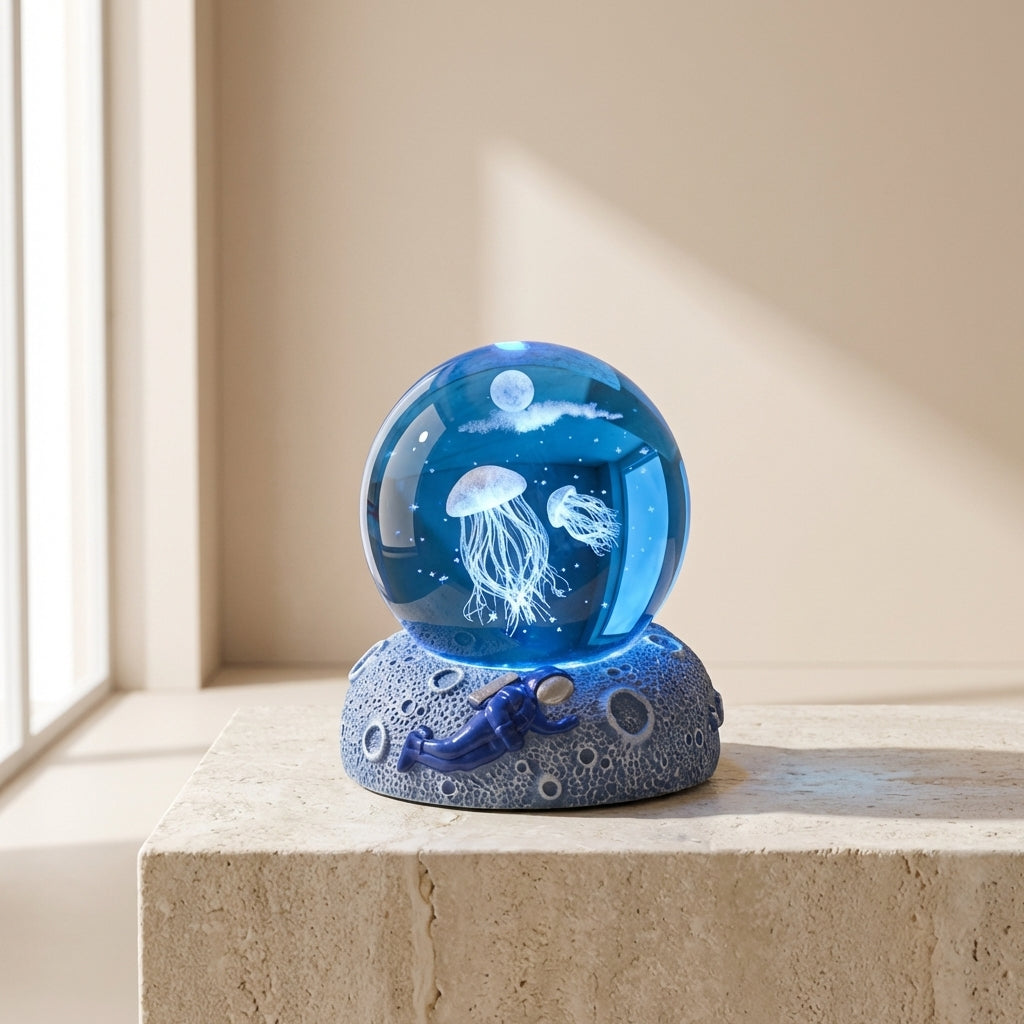 Decorative glass ball with jellyfish inside on a stone surface