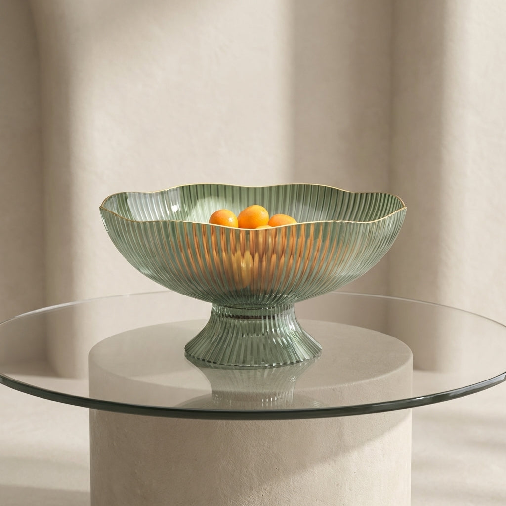 Decorative glass bowl with ribbed design on a pedestal, containing oranges, on a clear glass table against a neutral background.