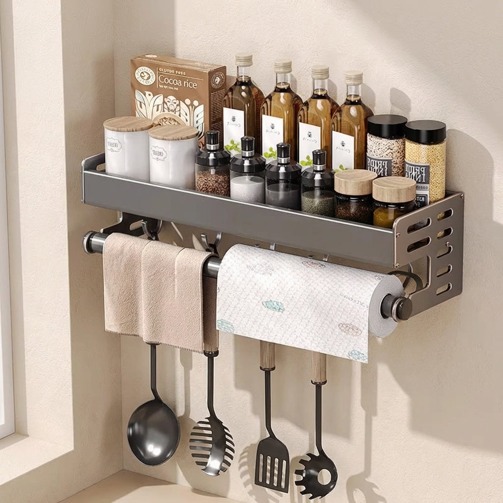 Kitchen wall-mounted rack with towels, paper towel roll, and various kitchen items.