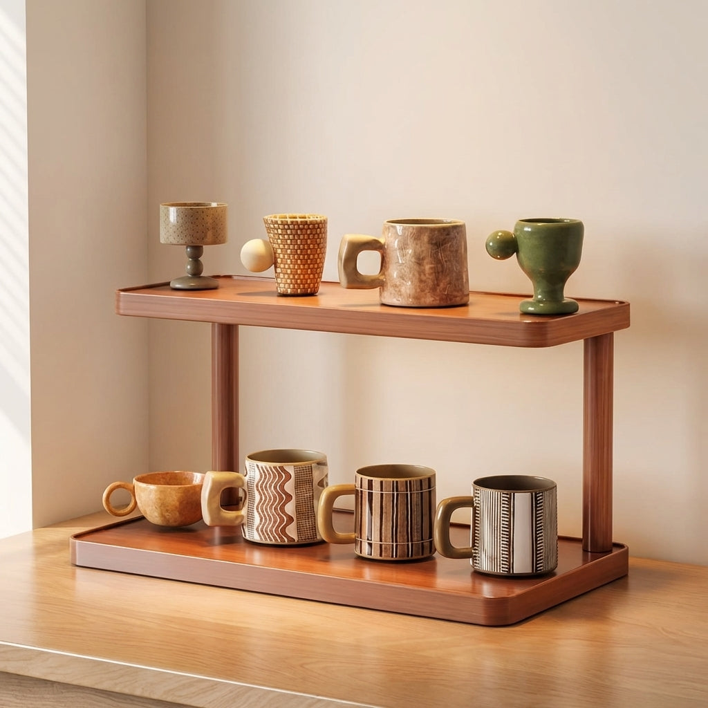 Wooden shelf with ceramic mugs on a wooden surface