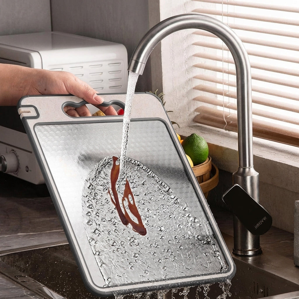 Person washing a cutting board under running water from a kitchen faucet.
