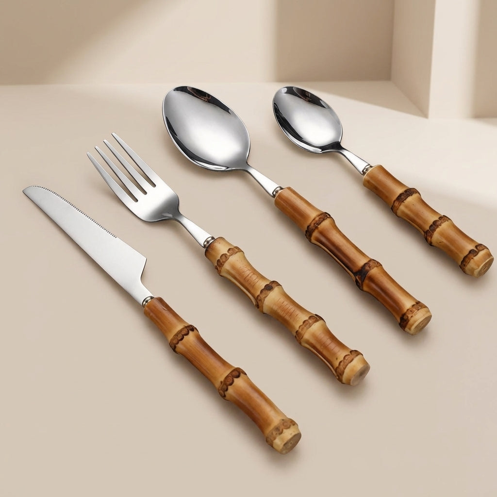 Set of cutlery with bamboo handles on a beige background