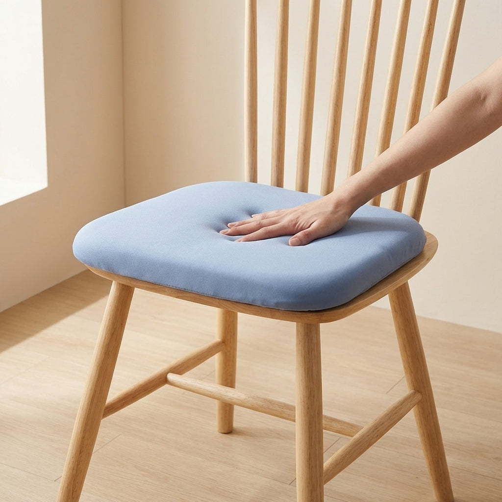 Person placing a blue cushion on a wooden chair