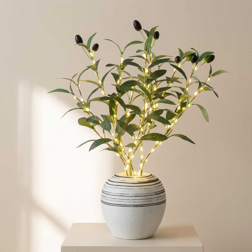 Decorative plant with lights in a white pot on a neutral background