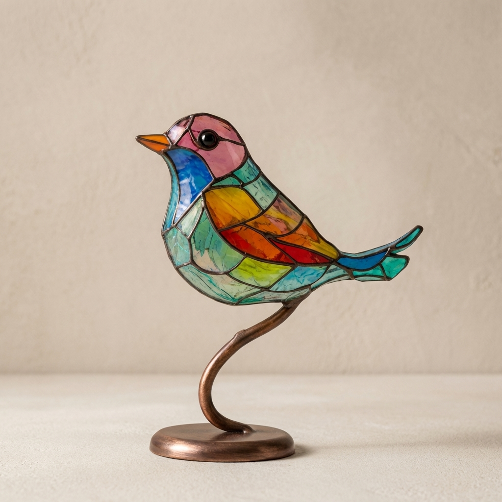 Colorful stained glass bird sculpture on a beige background