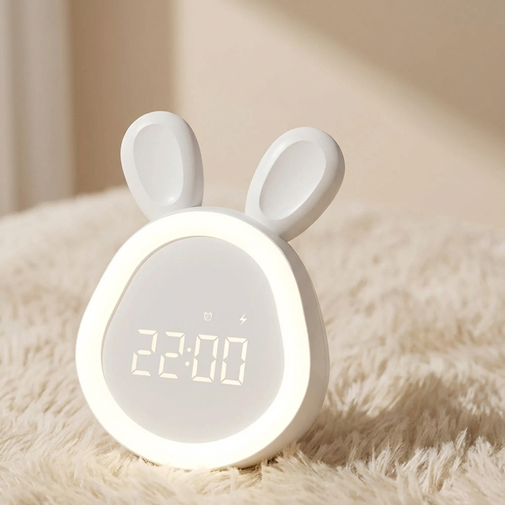 White rabbit-shaped night light with digital display on a soft surface