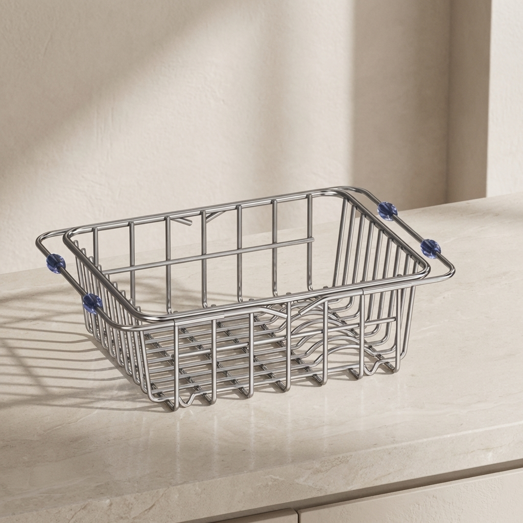 Metal wire basket on a light beige surface with a neutral background