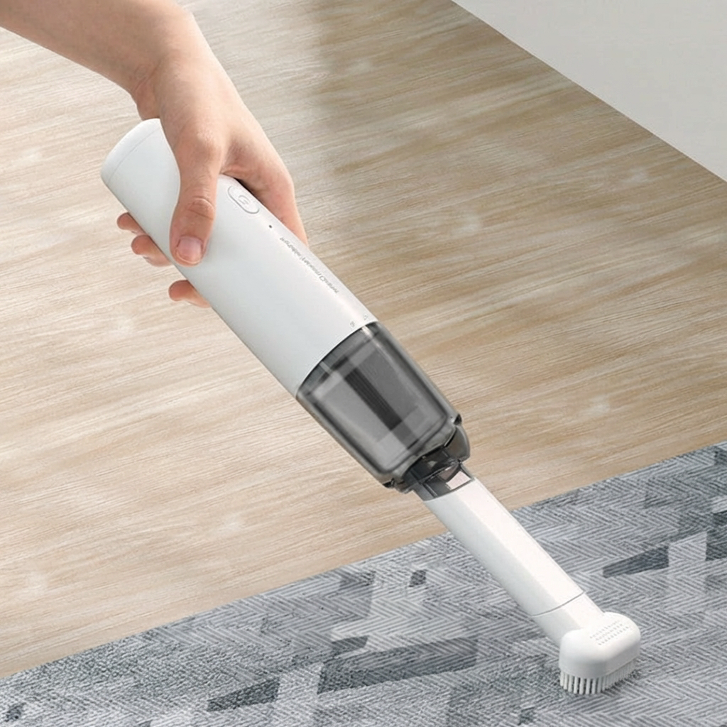 Hand holding a white handheld vacuum cleaner on a wooden floor.
