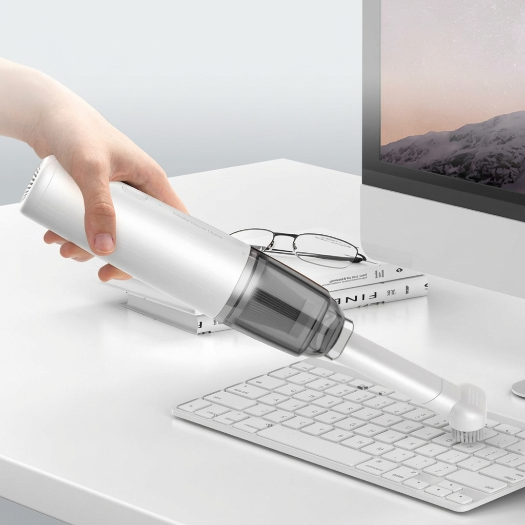 Hand using a handheld vacuum cleaner to clean a computer keyboard on a desk.