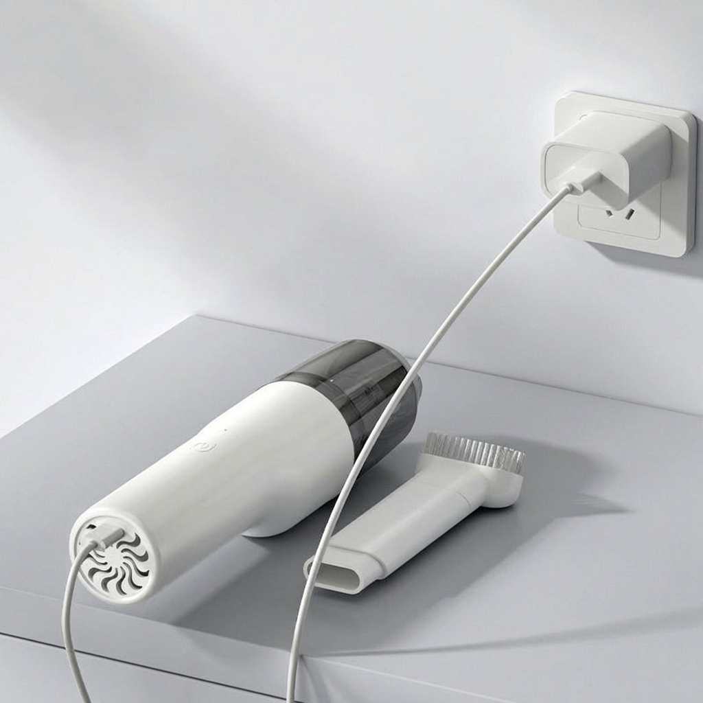 Hair dryer with attachments plugged into a wall socket on a white surface.