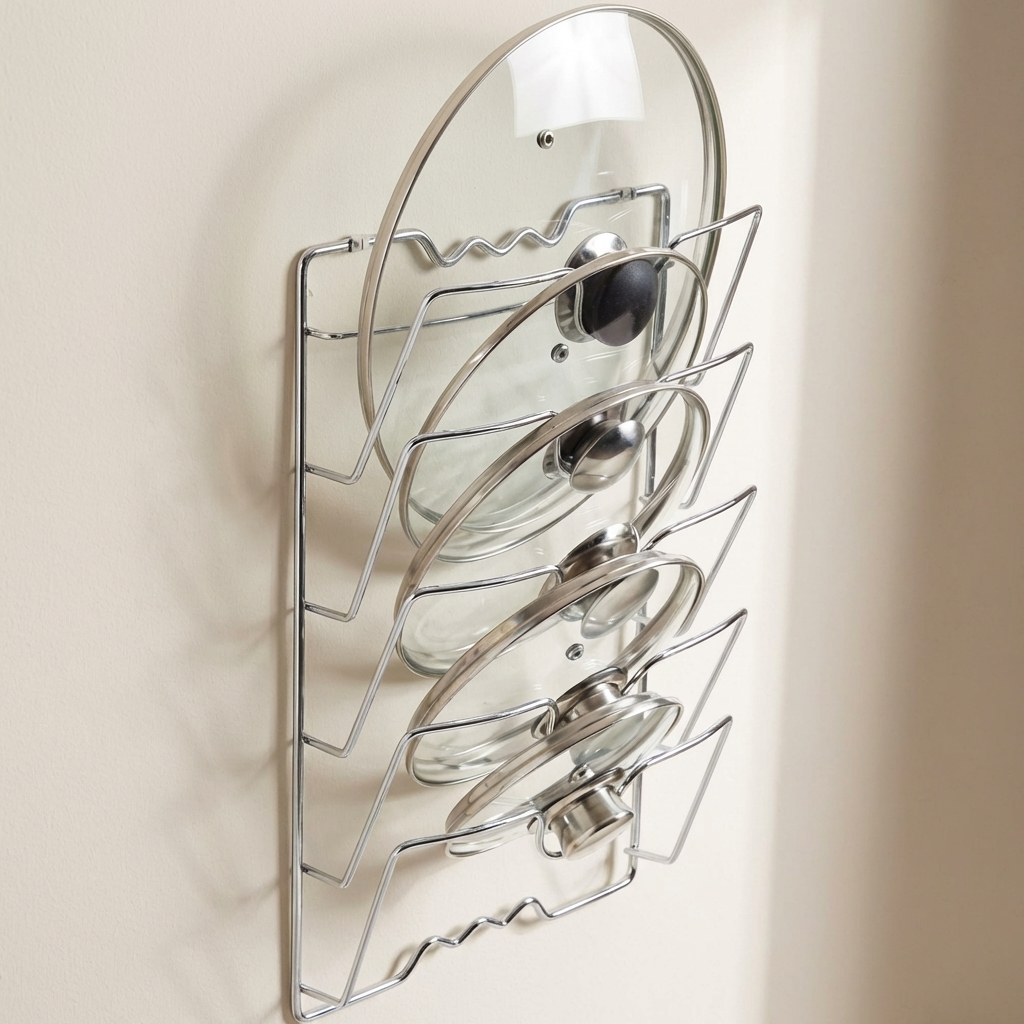 Wall-mounted pot and pan organizer with glass lids on a beige wall.