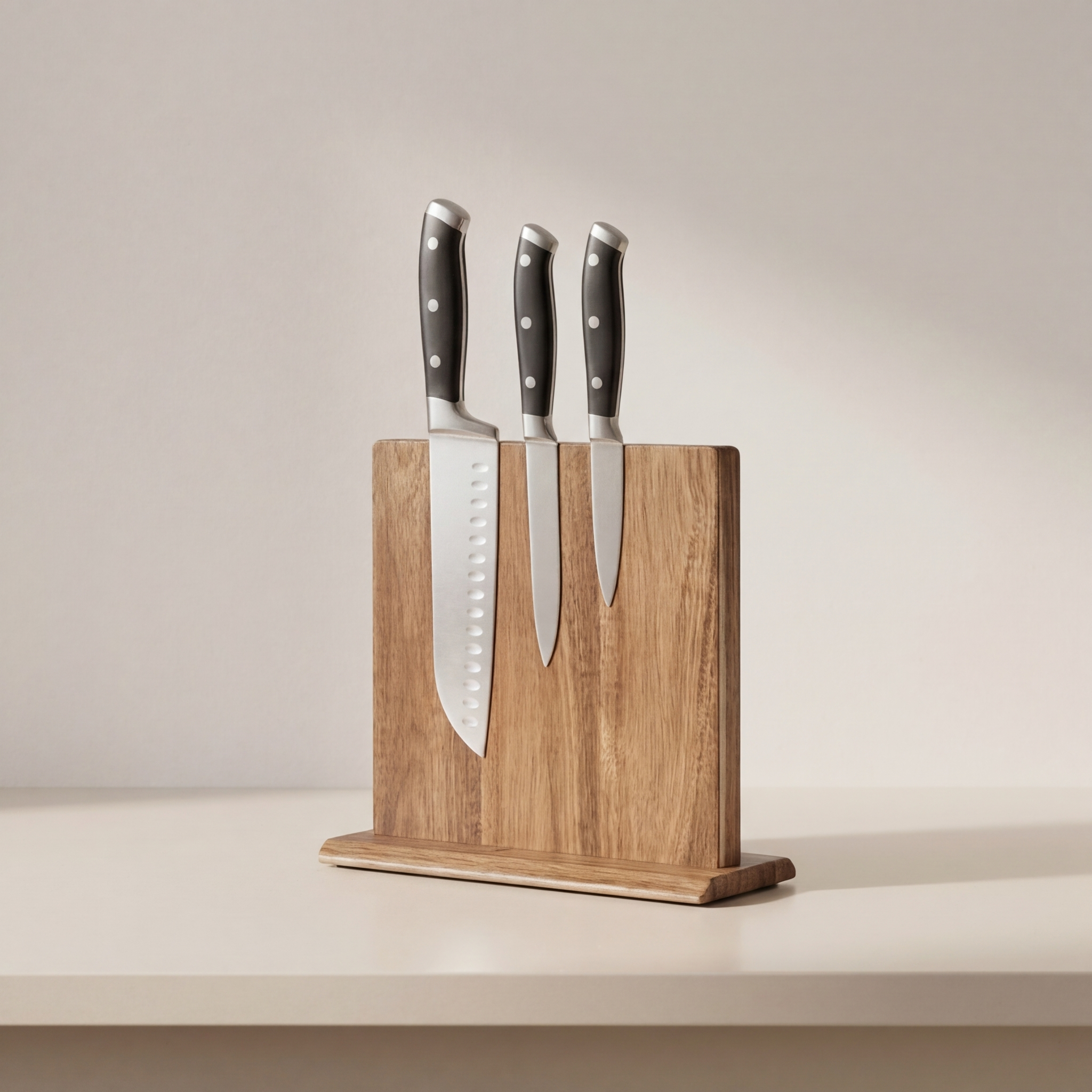 Set of three knives in a wooden block on a neutral background