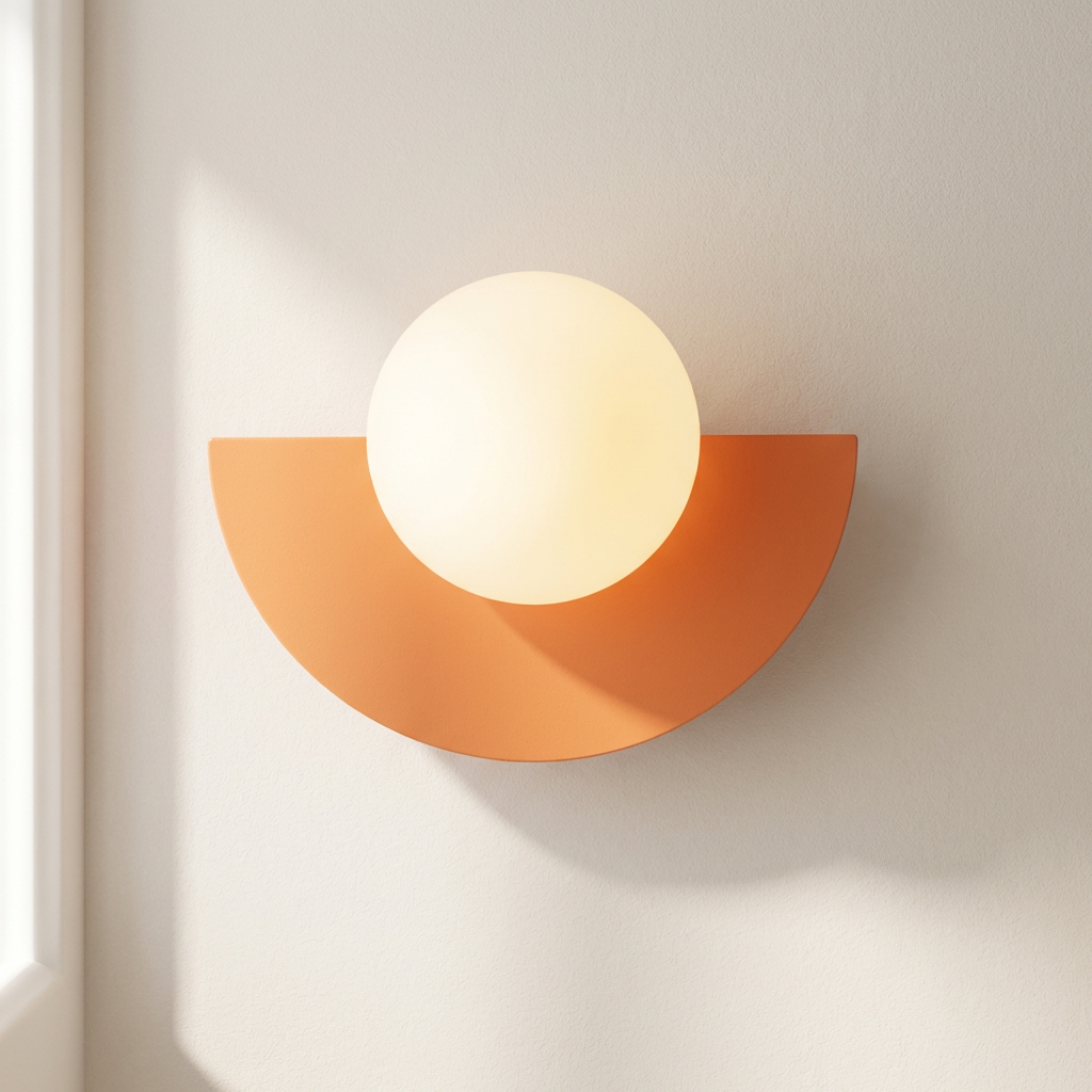 Wall-mounted light fixture with a half-circle orange base and white bulb on a neutral wall.