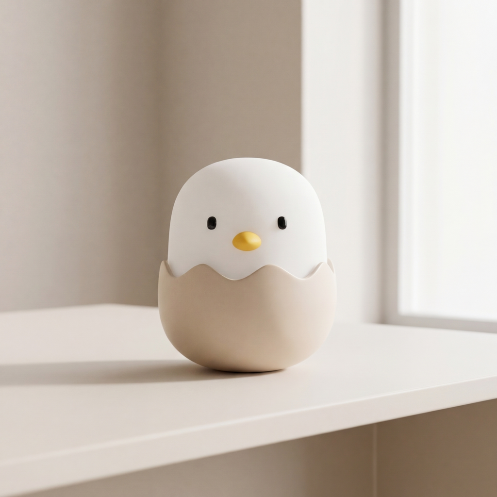 Ceramic chick-shaped night light on a shelf with a neutral background