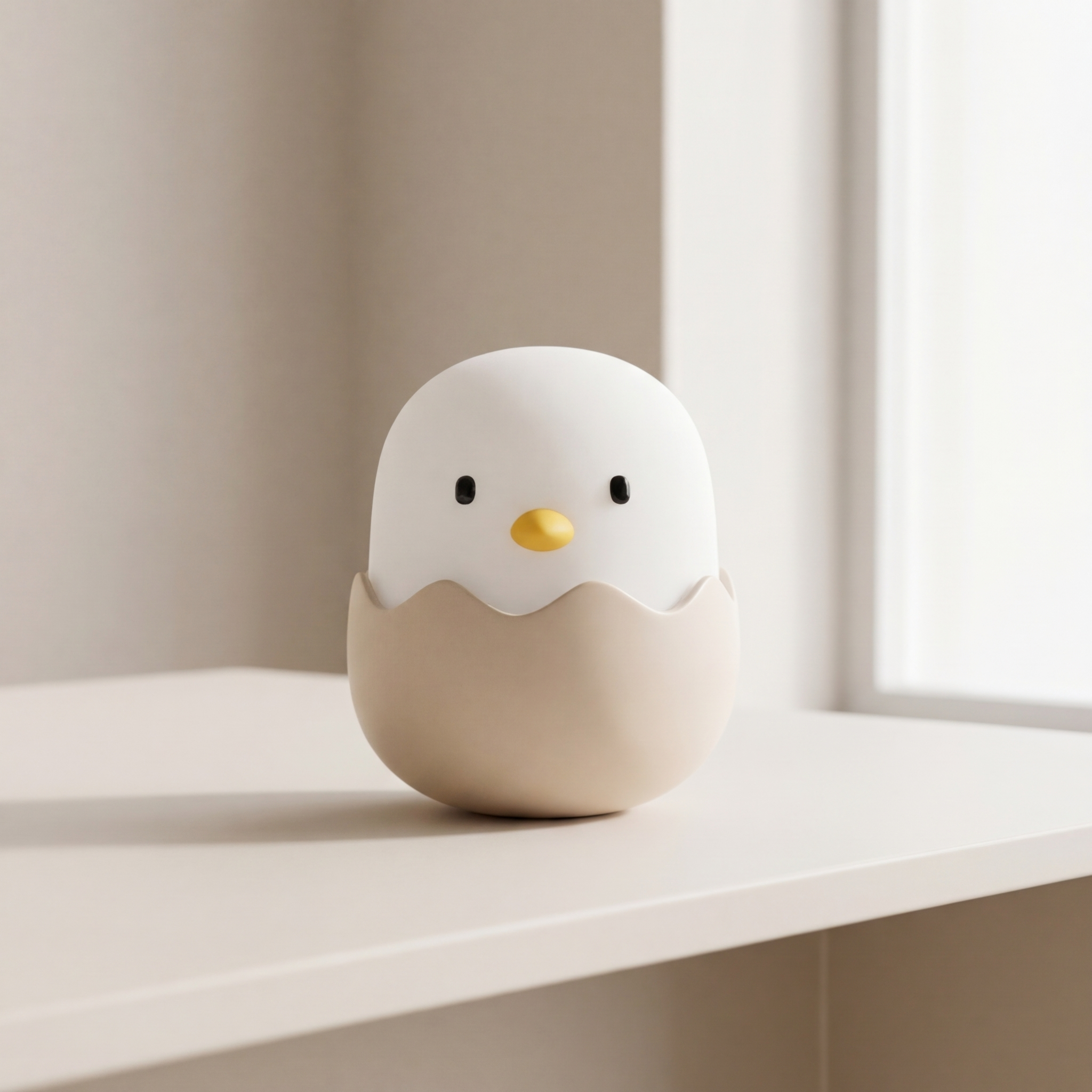 Ceramic chick-shaped night light on a shelf with a neutral background