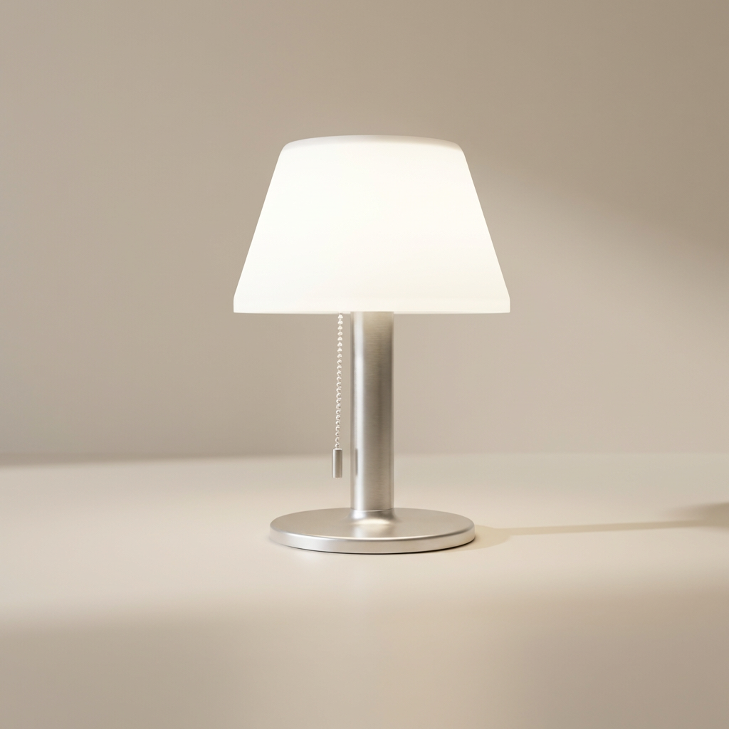 Table lamp with white shade on a beige surface