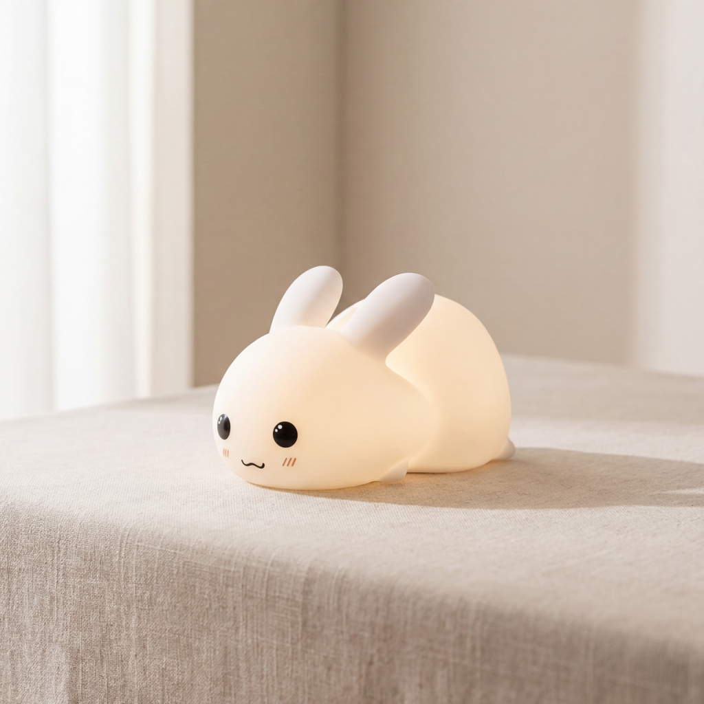 Cute rabbit-shaped night light on a soft surface with a neutral background