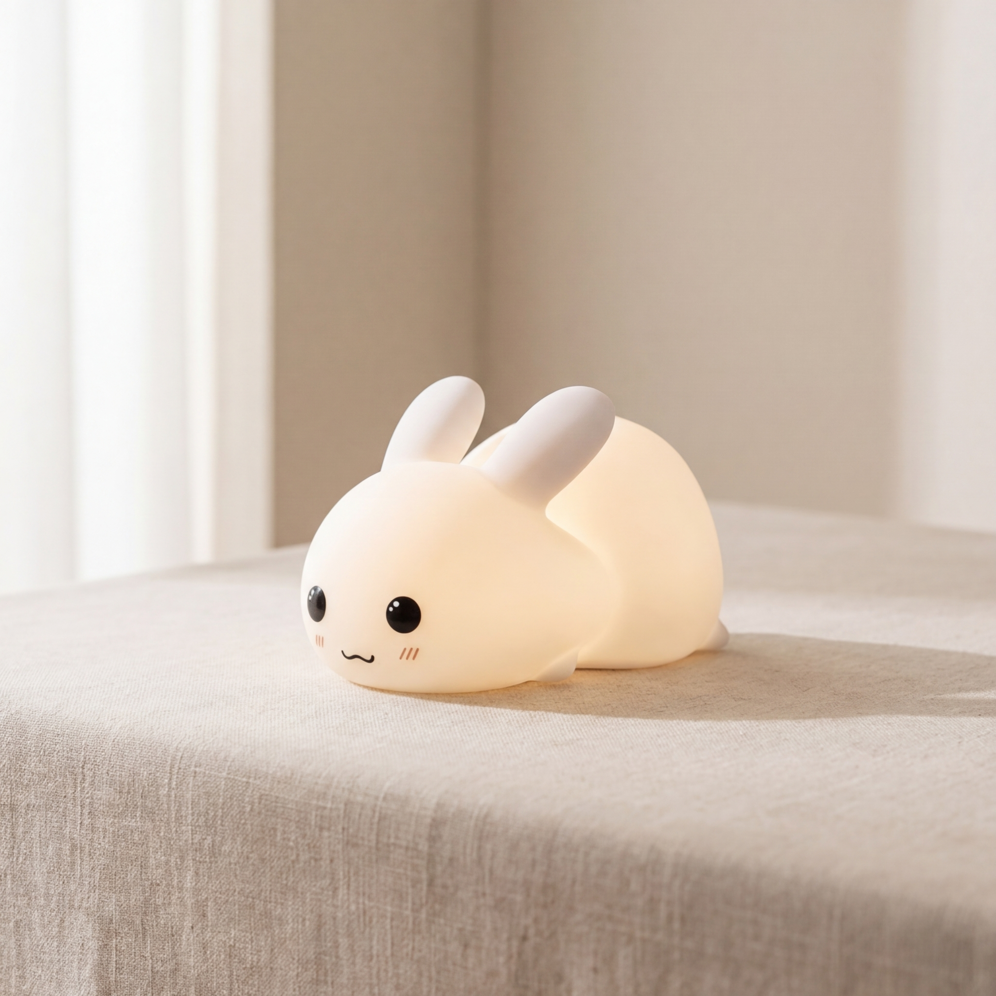Cute rabbit-shaped night light on a soft surface with a neutral background