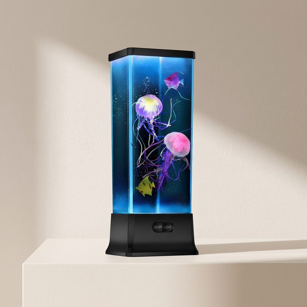 Decorative aquarium with jellyfish and fish on a beige background