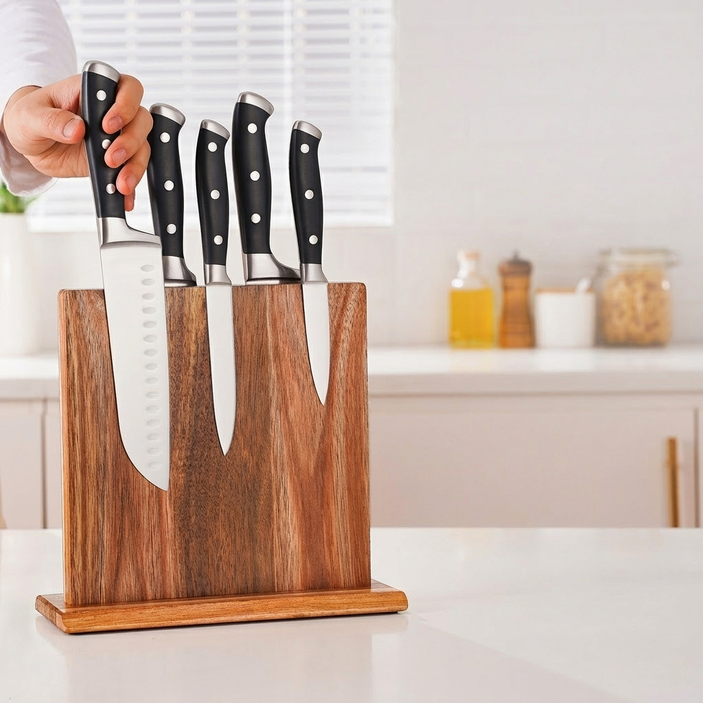Set of knives in a wooden holder on a kitchen counter