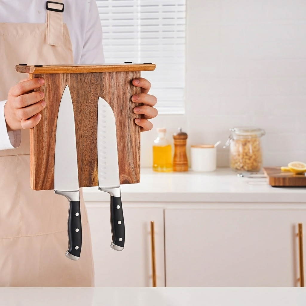 Person holding a wooden knife block with three knives in a kitchen setting.