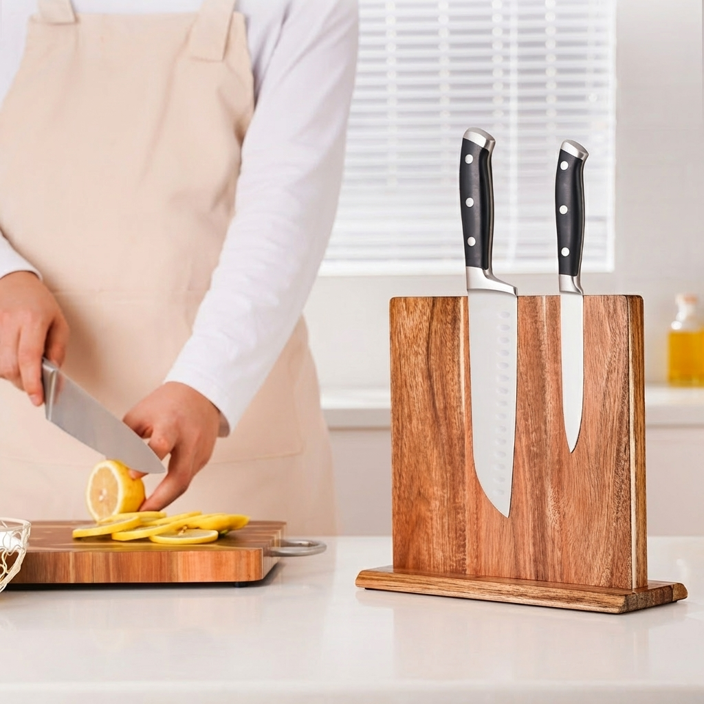 Person slicing lemons on a cutting board with a wooden knife block in the foreground.