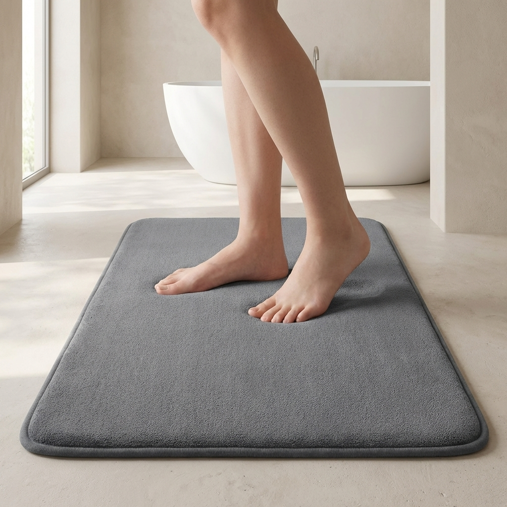 Person stepping onto a gray bath mat in a bathroom setting