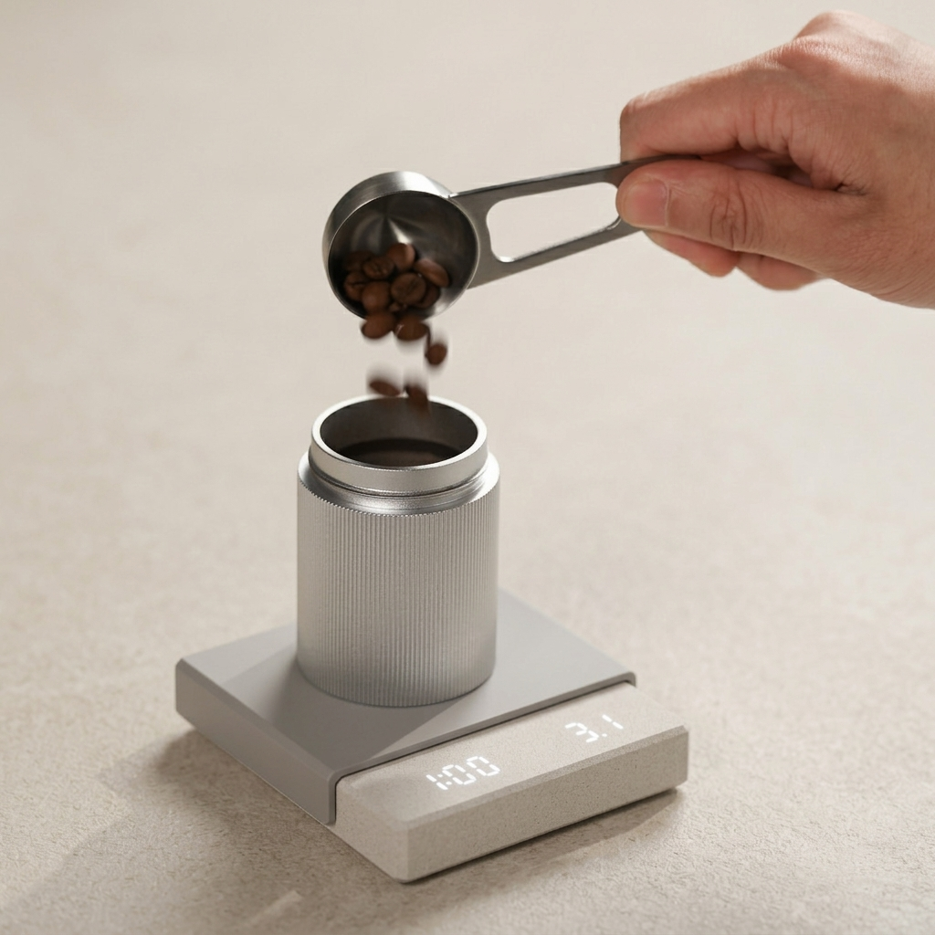 Hand pouring coffee beans into a container on a digital scale with a beige background