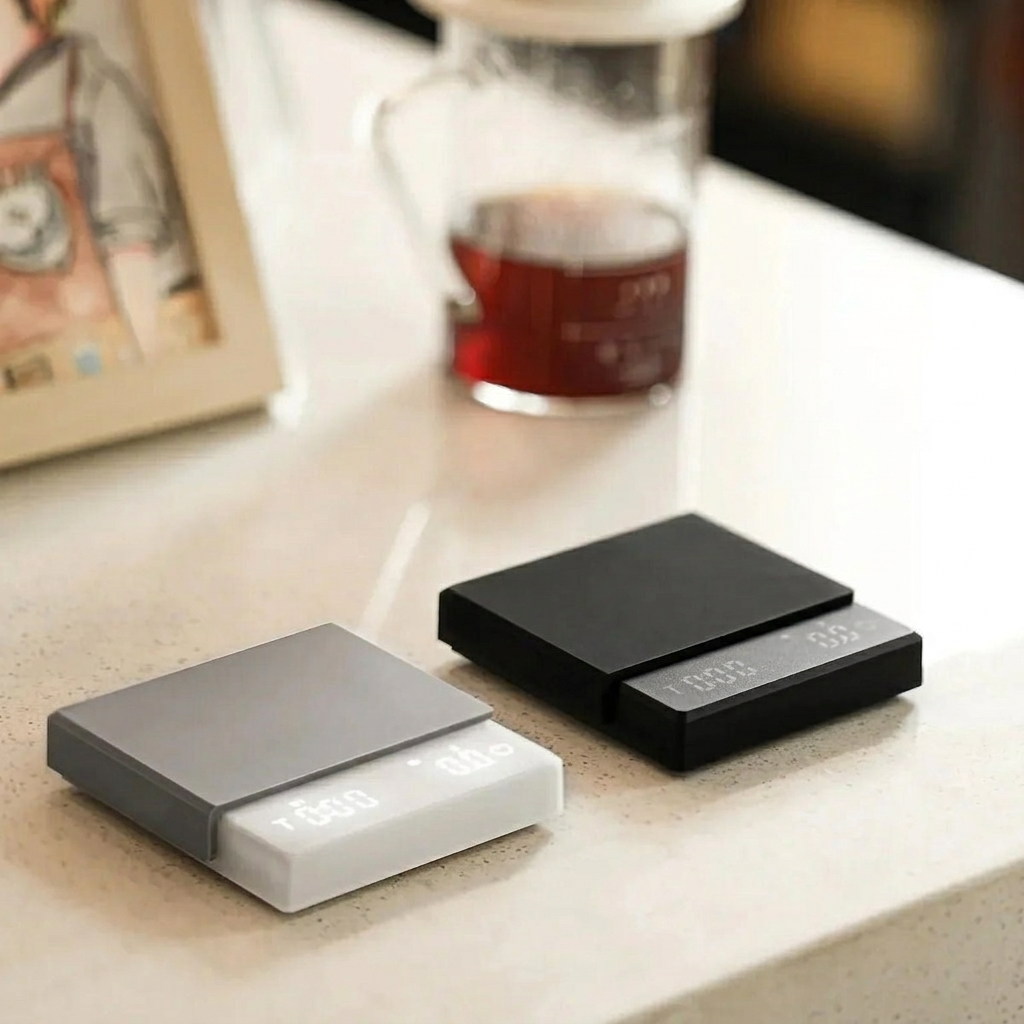 Two electronic devices, one gray and one black, on a surface with a blurred background.