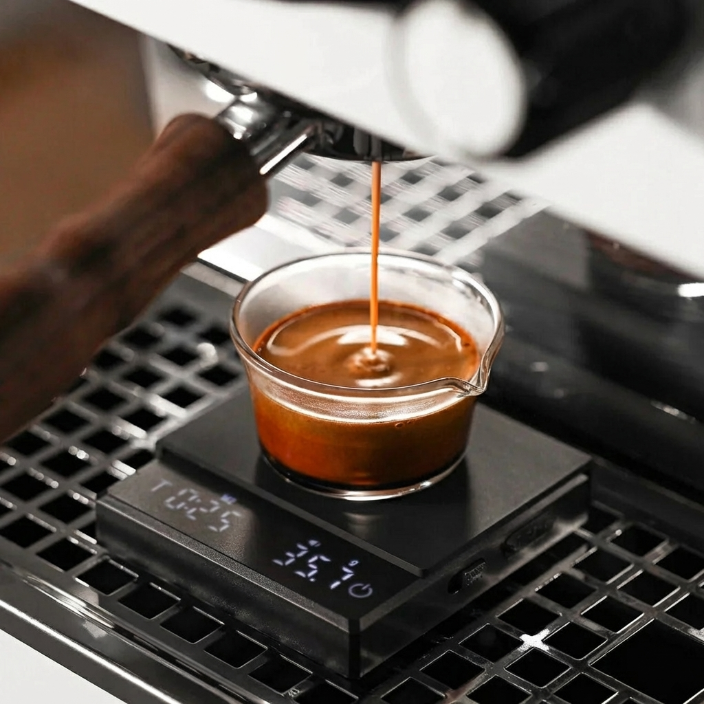 Espresso being poured into a glass container on a digital scale.