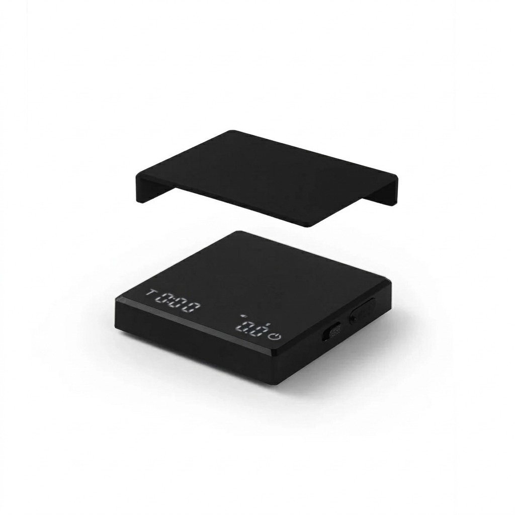Black electronic device with digital display on a white background