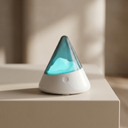 White night light with blue interior on a beige surface
