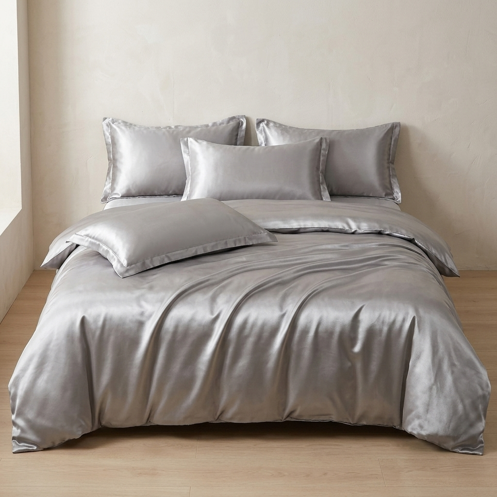 Gray satin bedding set on a bed in a minimalistic room.