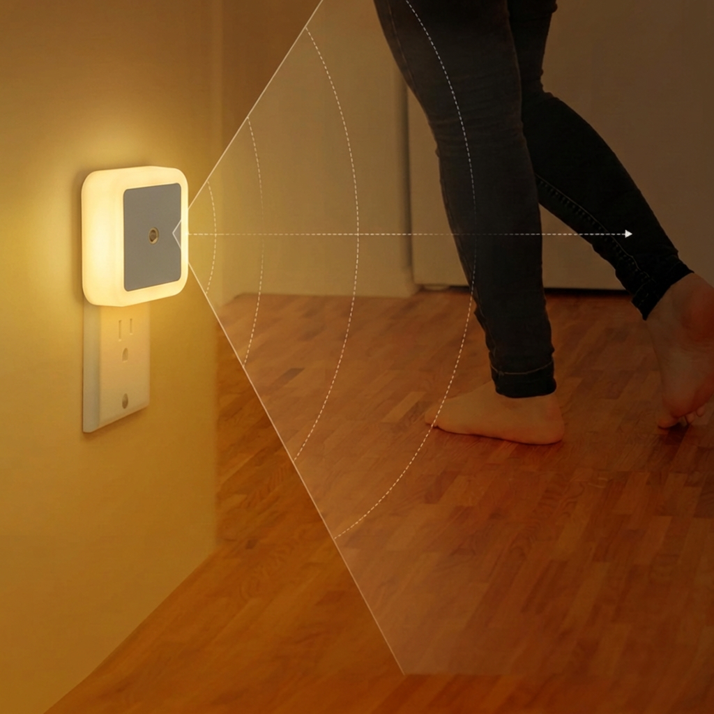 Person walking towards a wall-mounted night light in a dimly lit room.