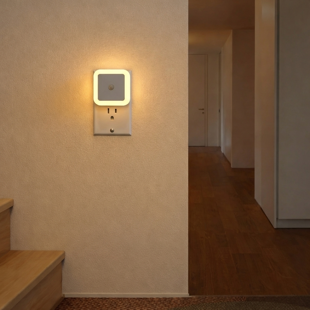 Wall-mounted night light switch in a hallway