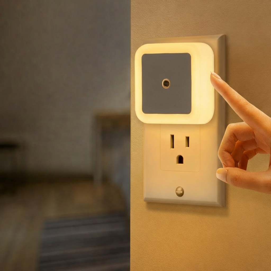 Person pressing a night light switch on a wall