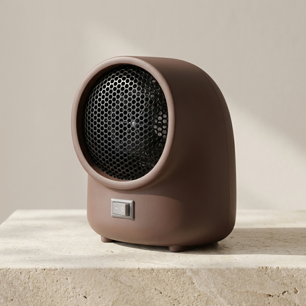 Small brown ceramic heater on a light stone surface with a neutral background