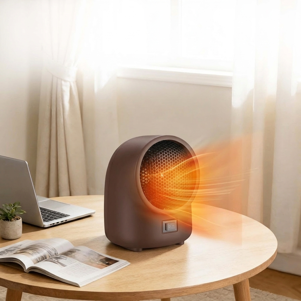 Small space heater on a wooden table with a laptop and magazine in a room with curtains.