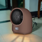 Brown ceramic space heater on a tiled floor