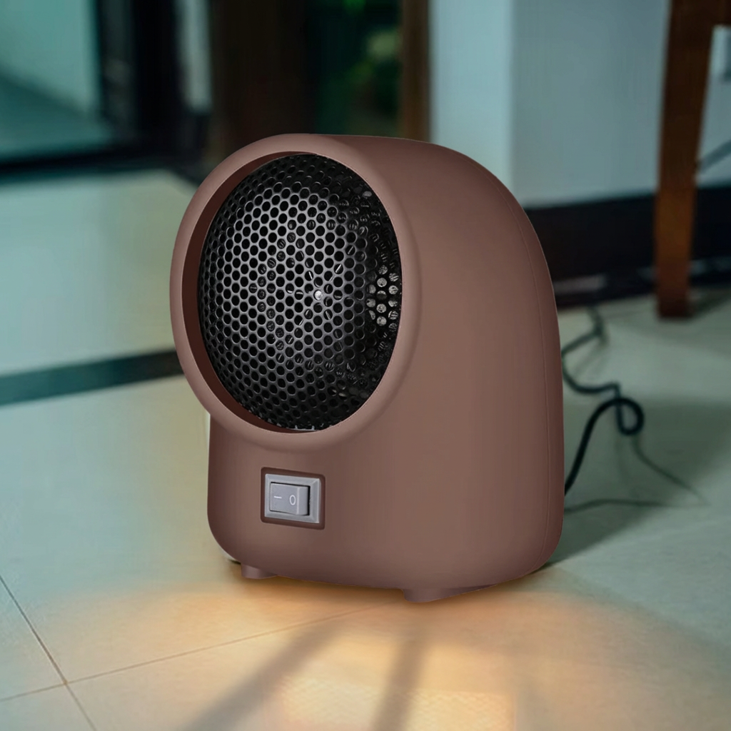 Brown ceramic space heater on a tiled floor