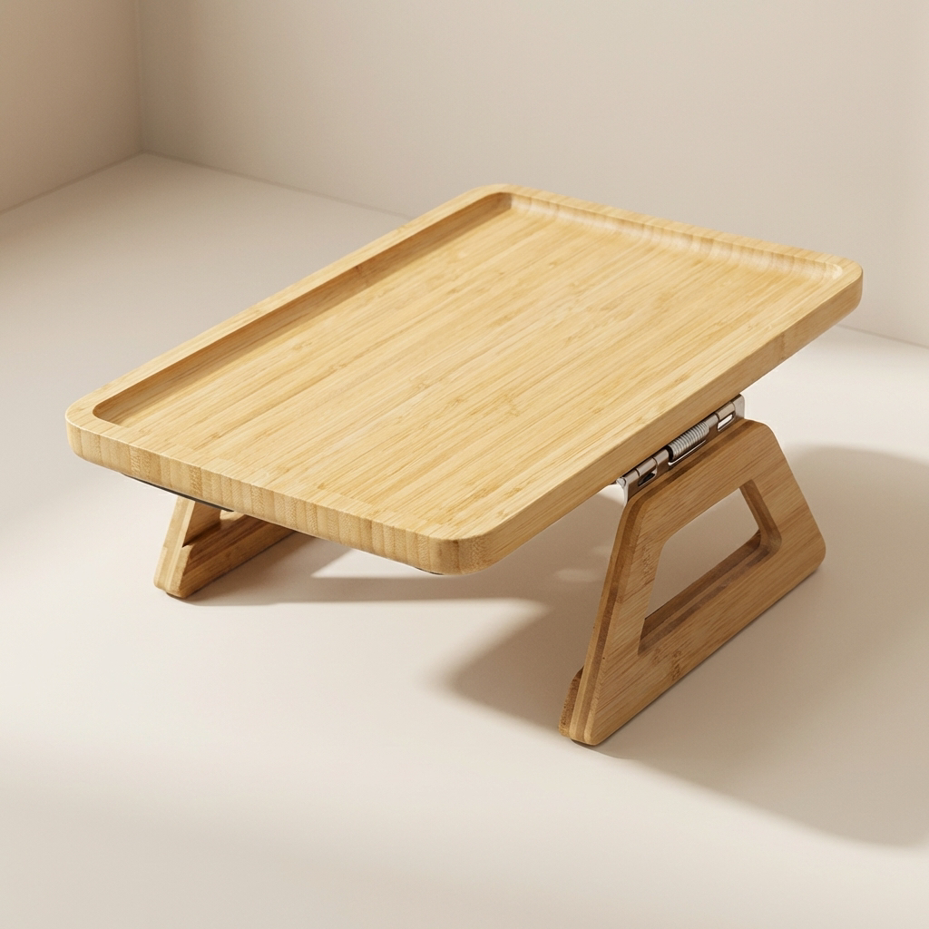 Wooden tray with stand on a light background