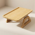 Wooden tray with stand on a light background