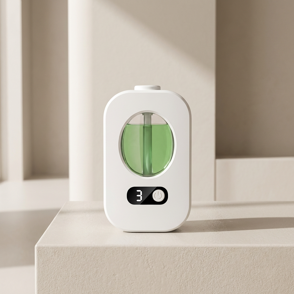 White and green electronic device on a light surface with a neutral background