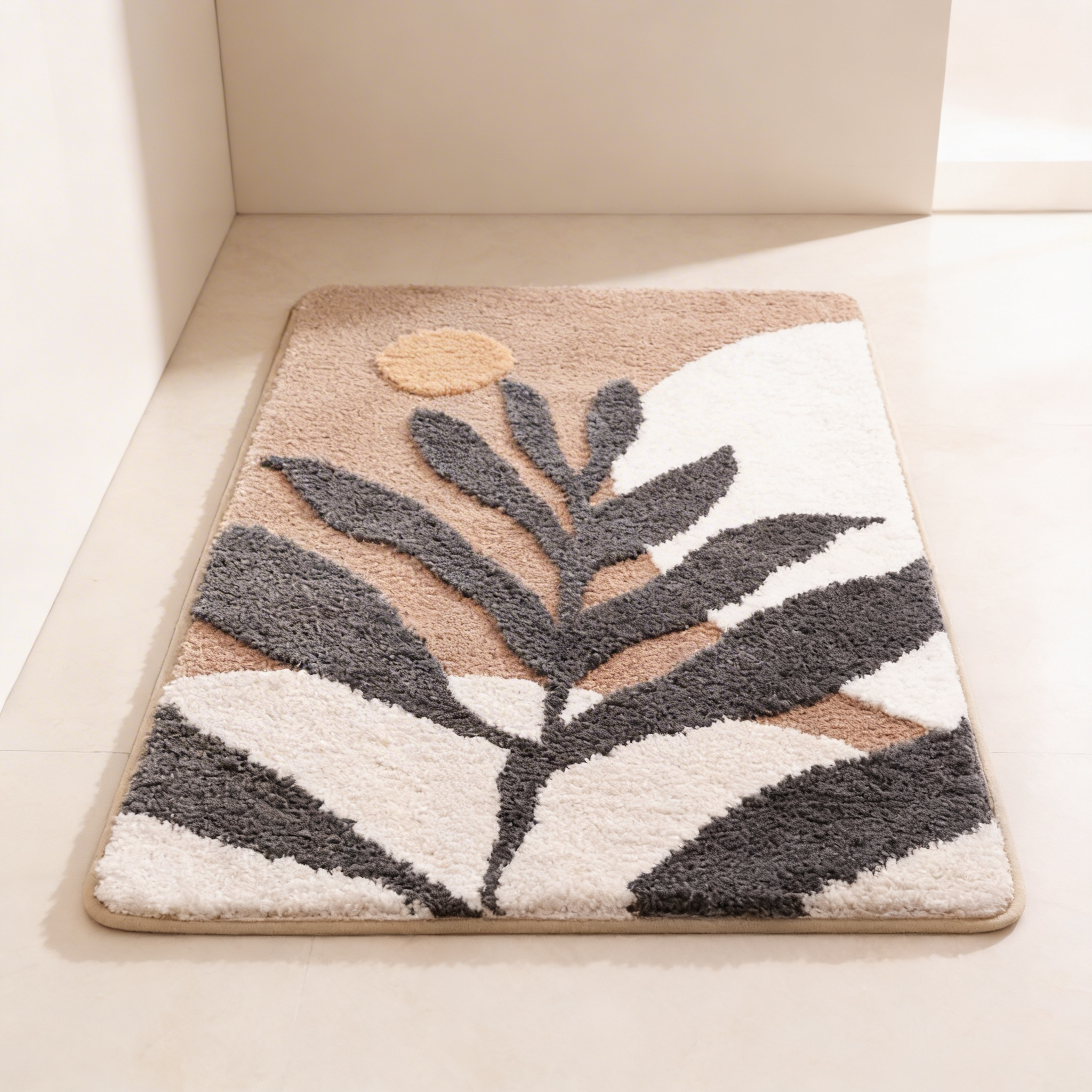 Decorative rug with leaf pattern on a beige surface