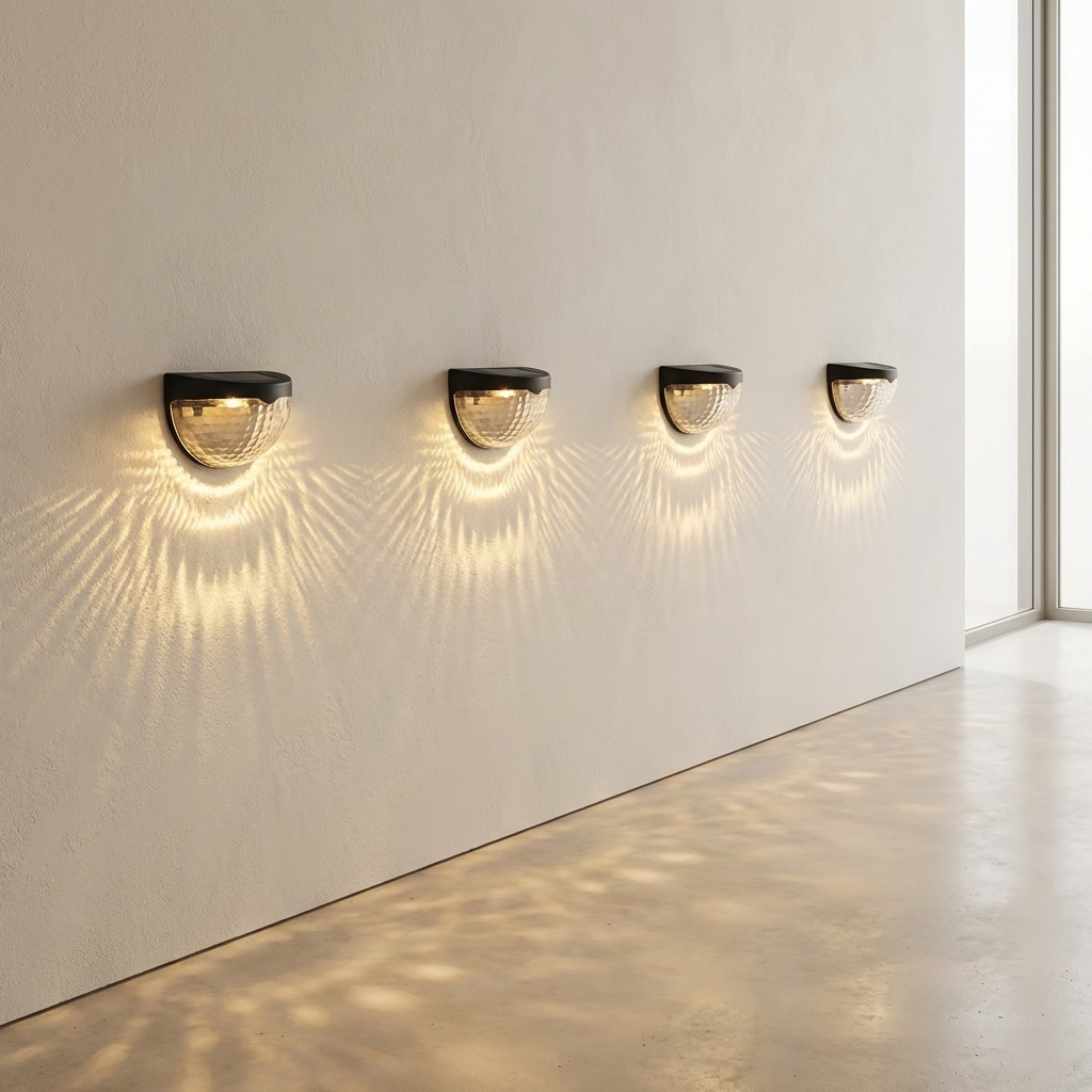 Four wall-mounted lights casting shadows on a light-colored wall.