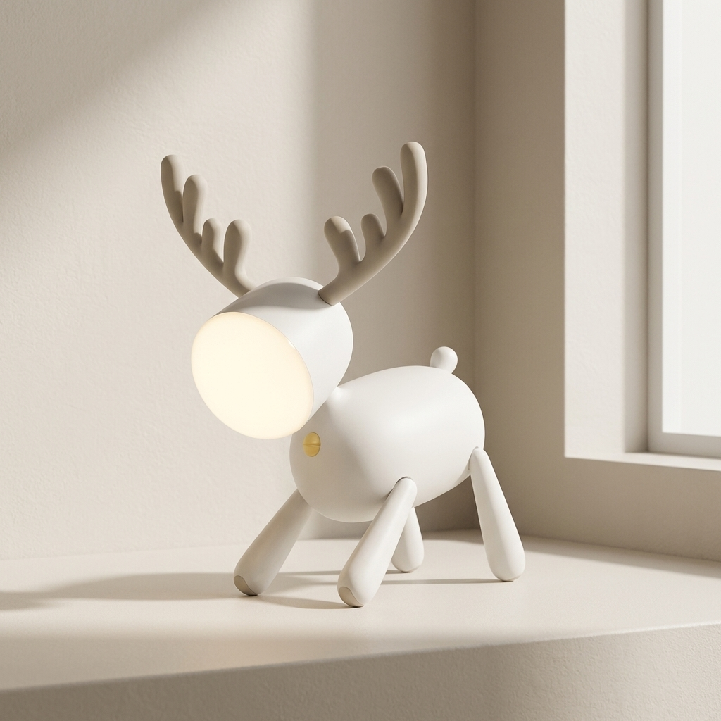 White deer-shaped lamp with a light bulb for a head on a neutral background