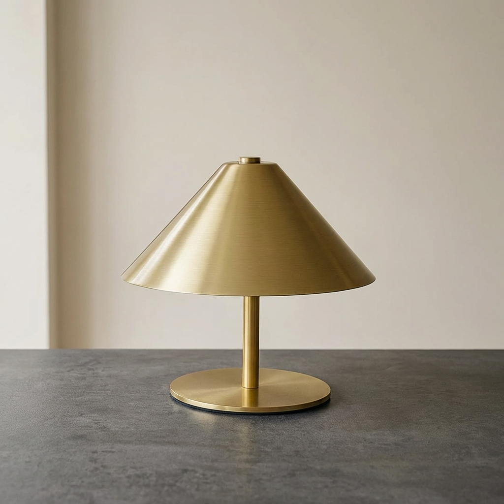 Gold table lamp on a gray surface with a neutral background