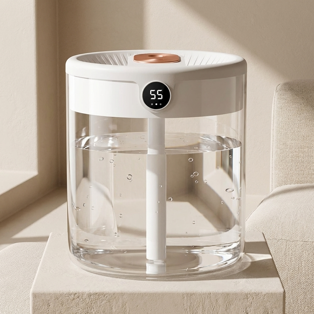Clear water dispenser with digital display on a light surface